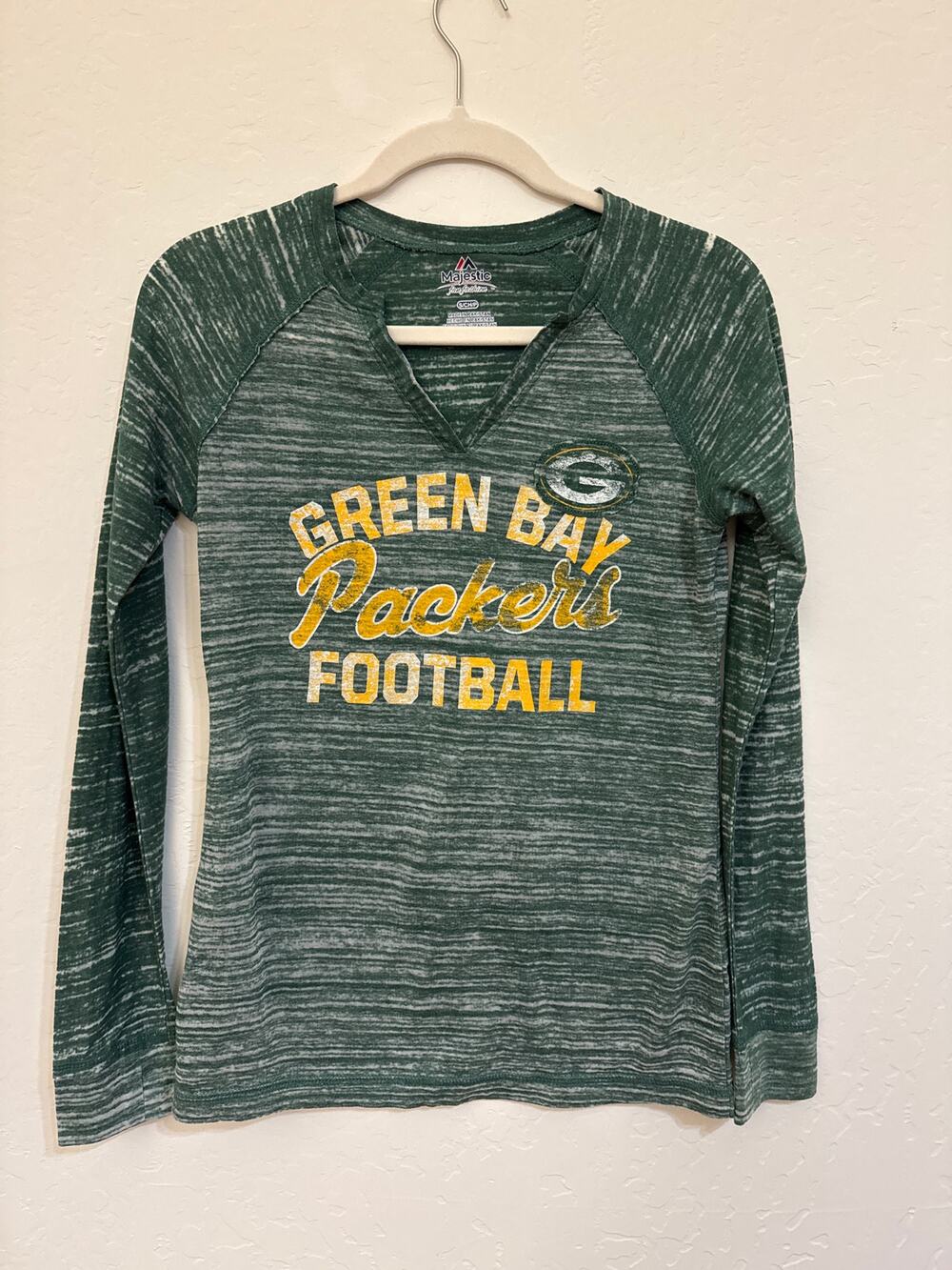 Majestic Green Bay Packers Burnout Football Green Long Sleeve V Neck Shirt Small